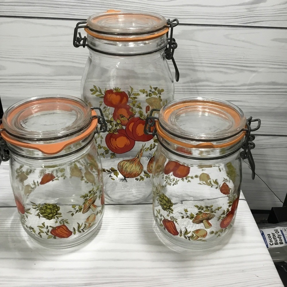 VTG Corning Ware Spice of Life LOT 3 Matching Glass Canister Jars MCM